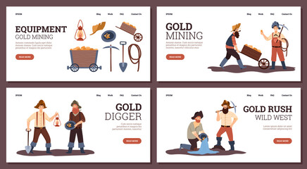 Set of landing pages with gold mining and wild west concept - flat vector illustration.