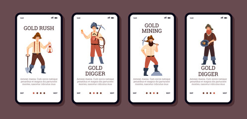 Set of UI designs for vintage gold mining industry - flat vector illustration on white.