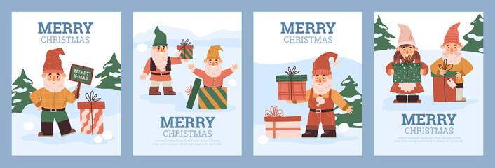 Banners for Christmas holidays with nordic gnomes flat vector illustration.
