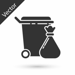 Grey Trash can and garbage bag icon isolated on white background. Garbage bin sign. Recycle basket icon. Office trash icon. Vector Illustration