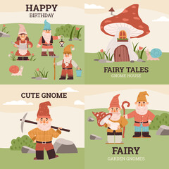 Set of birthday greeting cards with fairy garden gnomes in flat illustration.