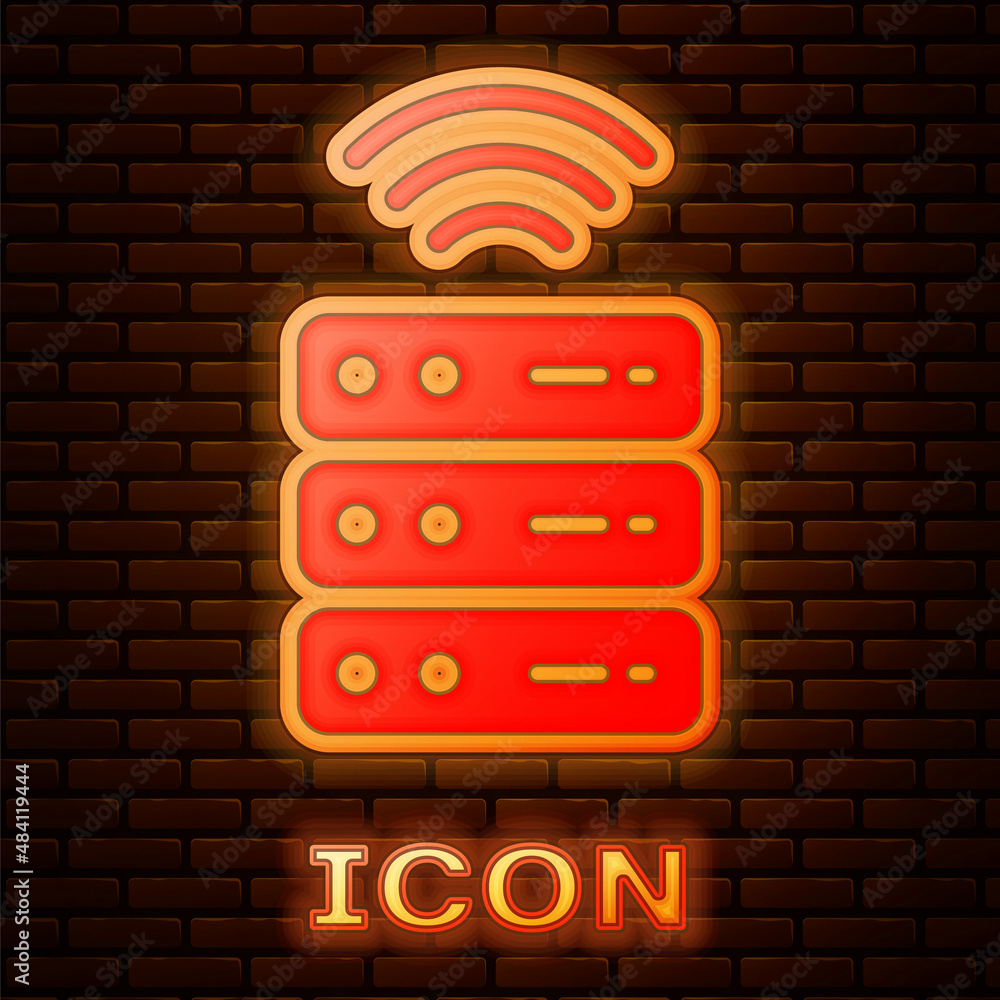 Poster glowing neon smart server, data, web hosting icon isolated on brick wall background. internet of thi