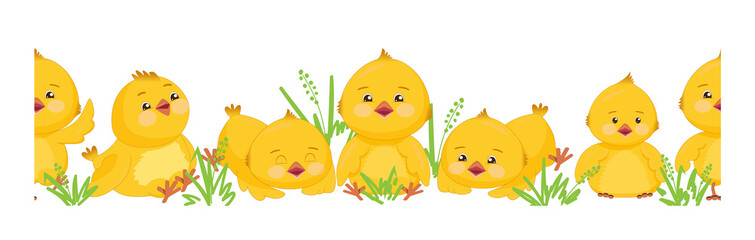 Seamless border with cute cartoon chicken baby. Funny chick. Hand drawn characters. Vector illustration.