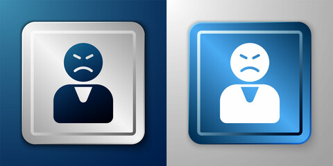 White Angry customer icon isolated on blue and grey background. Silver and blue square button. Vector
