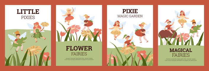 Set of posters or banners with magical fairies and pixies, flat vector illustration in cartoon style.