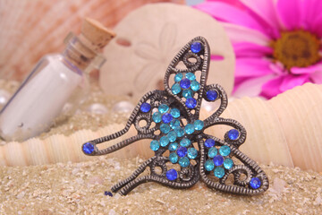 Sea Shells With Flower and Jewelry on Sandy Beach