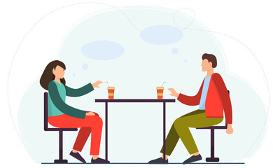 Young man and woman are sitting at the table and talking to each other, have conversation or discuss something, flat vector illustration