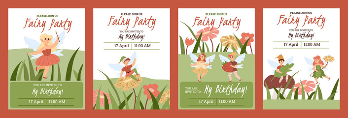 Set of birthday invitation posters or postcards with cute fairies - flat vector illustration.