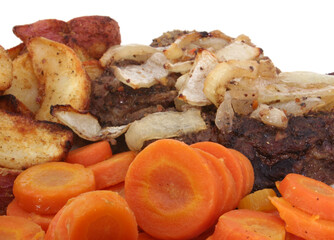 Steak with Carrots, Onion and Baked Potato Wedges on White Plate, Close-up