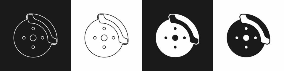 Set Car brake disk with caliper icon isolated on black and white background. Vector