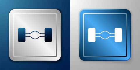 White Chassis car icon isolated on blue and grey background. Silver and blue square button. Vector
