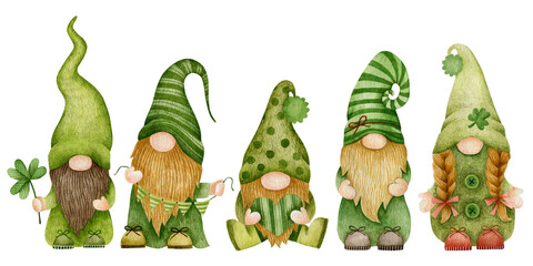 Watercolor illustration set of gnomes, st. patrick's day.
