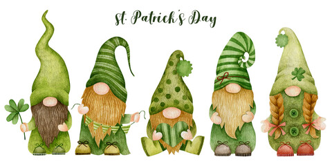 Watercolor illustration set of gnomes, st. patrick's day.