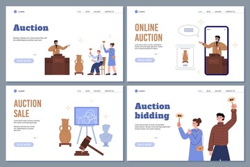 Online and traditional auction bidding sales banners, flat vector illustration.