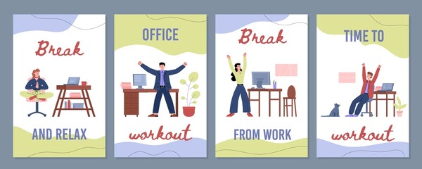 Office workout and yoga pause flyers or posters, flat vector illustration.