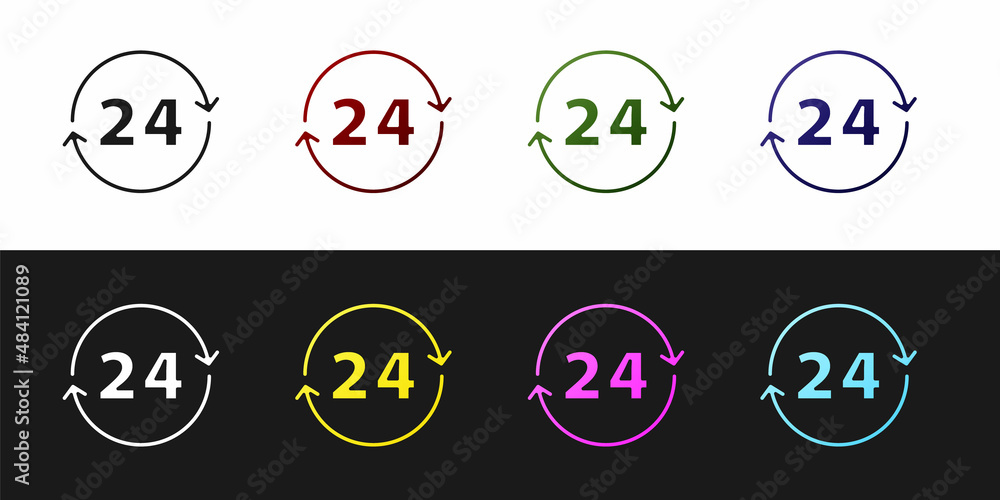 Poster set clock 24 hours icon isolated on black and white background. all day cyclic icon. 24 hours servic