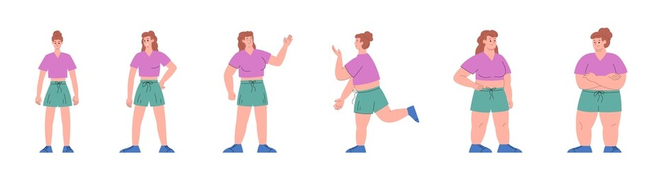 Body mass index from underweight and slim to overweight and obese, flat vector illustration isolated on white background.