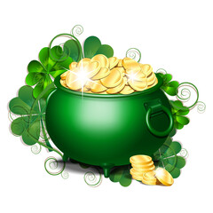 Green iron cauldron full of gold coins isolated on white background. - 484121248