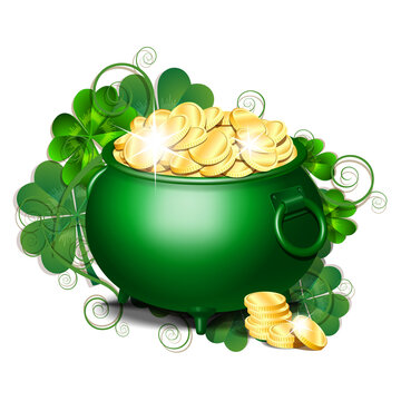 Green iron cauldron full of gold coins isolated on white background.