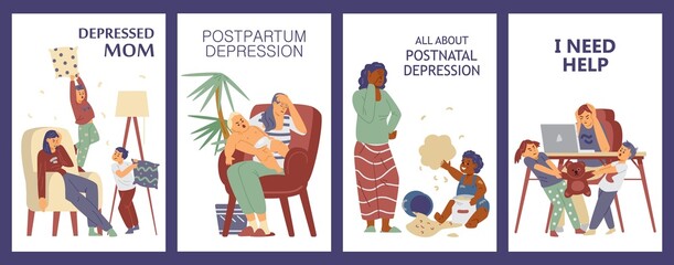 Set of posters with concept of postpartum depression, flat vector illustration.