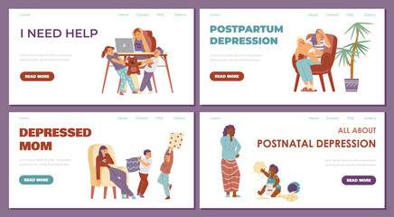 Mom's depression, postpartum depression. Set of vector flat web templates for landing, moms in stress who need help.