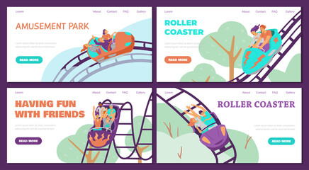 Amusement park with roller coasters. Set of web template designs with people on roller coaster. Vector illustration.