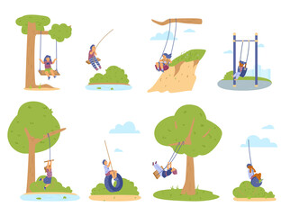 Happy child on swing. Set of vector flat illustrations of children on swing outdoors isolated on white background.