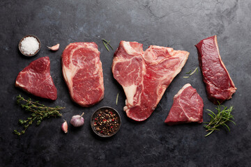 Various raw beef steaks