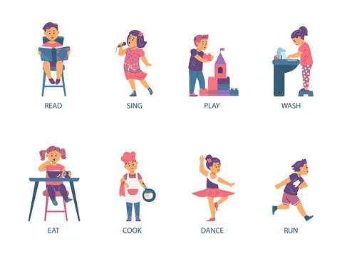 English verbs. Set of flat vector illustrations of kids with English actions isolated on white background.