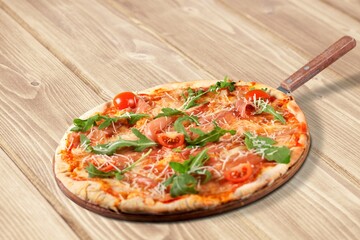 Tasty fresh Pizza dish with cheese on the tray