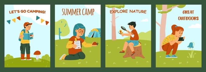 Little Kids Holding Magnifying Glass and Camera Exploring Nature Vector Illustrations Clipart.