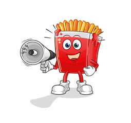 French fries holding hand loudspeakers vector. cartoon character