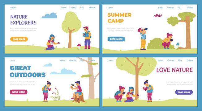Boys and girls in summer camp explore nature, making photos with camera and watching birds, vector banner set