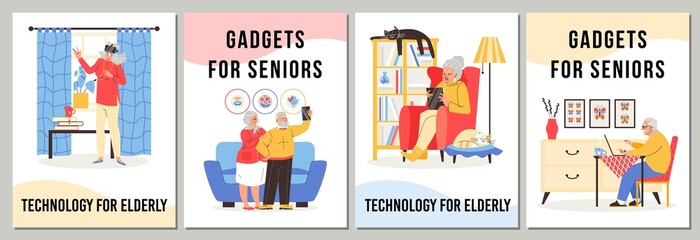 Elderly people use modern gadgets to improve their lives, communicate with relatives. Set of vector flat illustrations.