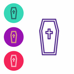 Set line Coffin with christian cross icon isolated on white background. Happy Halloween party. Set icons colorful. Vector