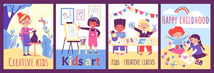 Fototapeta premium Kids creative and art classes, crafting activity banners collection. Vector illustration isolated on white background.
