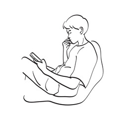 line art full length male teenager using smartphone on sofa illustration vector hand drawn isolated on white background