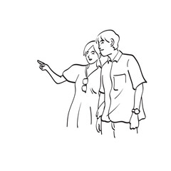 line art half length portrait of young couple pointing on blank space illustration vector hand drawn isolated on white background