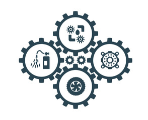 Vector illustration, icons and logos with car parts and other special equipment. Car service. Auto parts store.