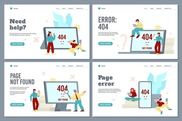 Obraz na płótnie Canvas Error 404 or not found page problem web banners, flat vector illustration.