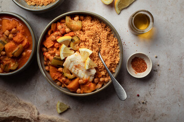 Assiette de couscous au poisson potiron carottes et courgettes