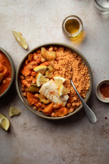 Assiette de couscous au poisson potiron carottes et courgettes