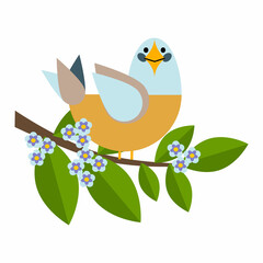 Bird sit on branches of a tree with leaves and flowers. Geometric vector composition for spring