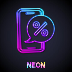 Glowing neon line Percent discount on mobile phone icon isolated on black background. Sale percentage - price label, tag. Vector