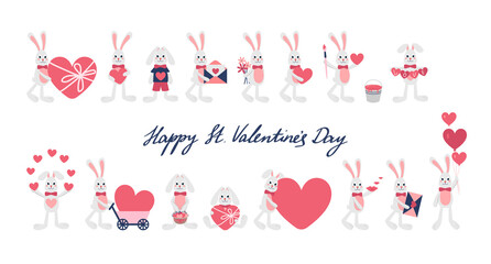 Cute romantic bunny with heart, balloons, flovers, love letter for St. Valentines day postcard. Calligraphy and rabbit composition for 14 February. Flat vector illustration