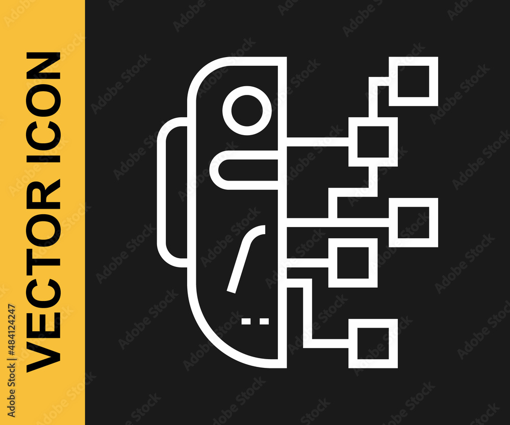 Poster white line humanoid robot icon isolated on black background. artificial intelligence, machine learni