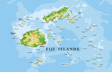 Fiji islands highly detailed physical map - 484124263