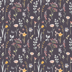 Beautiful seamless floral pattern with watercolor gentle spring flowers. Stock illustration.