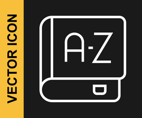 White line Translator book icon isolated on black background. Foreign language conversation icons in chat speech bubble. Translating concept. Vector