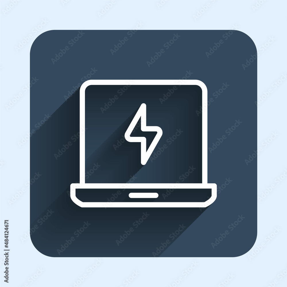 Poster white line laptop icon isolated with long shadow background. computer notebook with empty screen sig